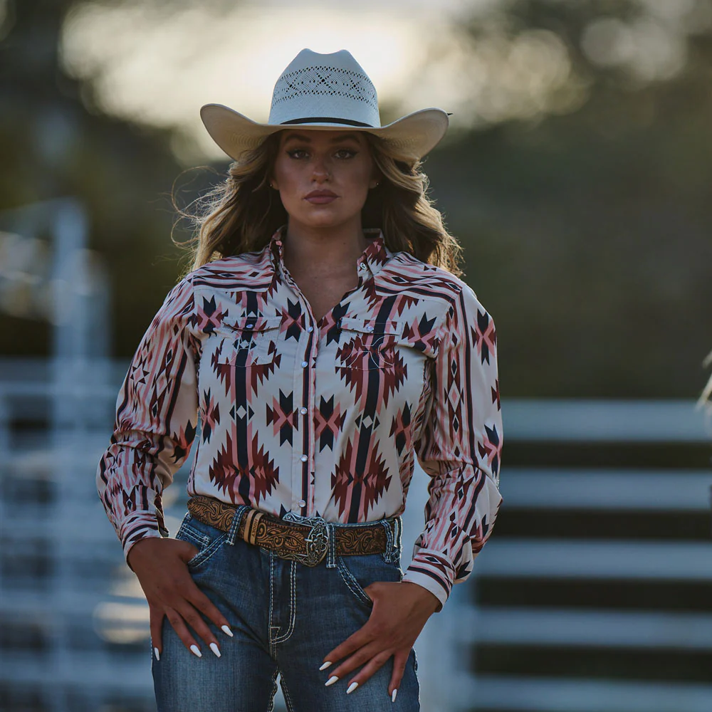 "Sol" Ladies White w/Blue & Pink Aztec Long Sleeve Pearl Snap Shirt - Image 3