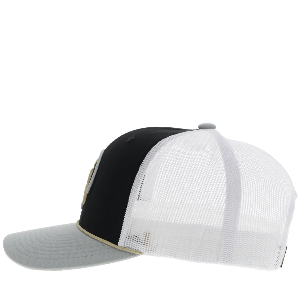 "Strap" Roughy Hat Black/White w/Gold & Grey Patch - Image 3