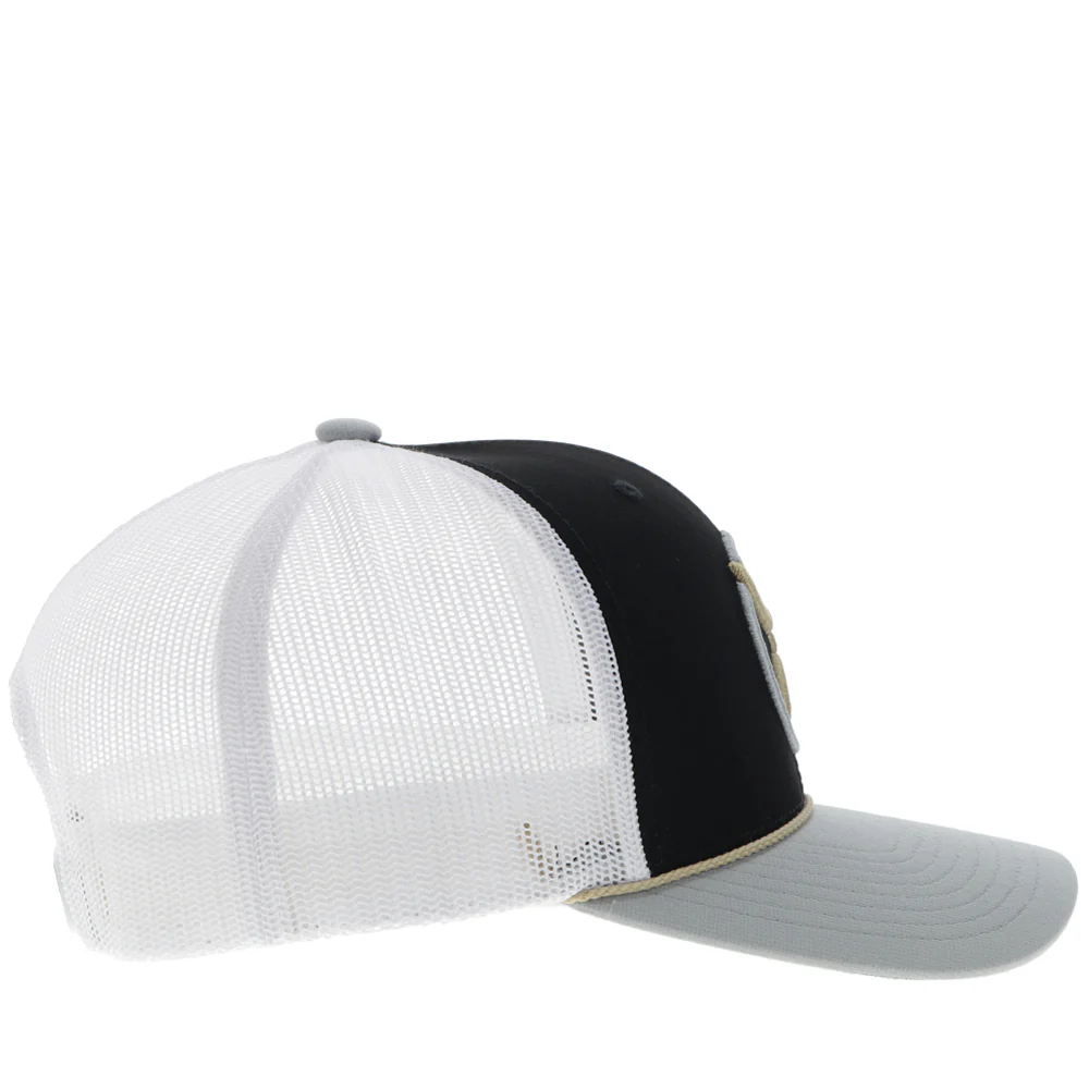 "Strap" Roughy Hat Black/White w/Gold & Grey Patch - Image 5