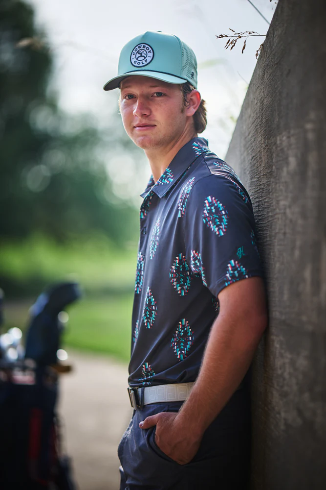 "The Weekender" Black w/Turquoise Aztec Polo - Image 4