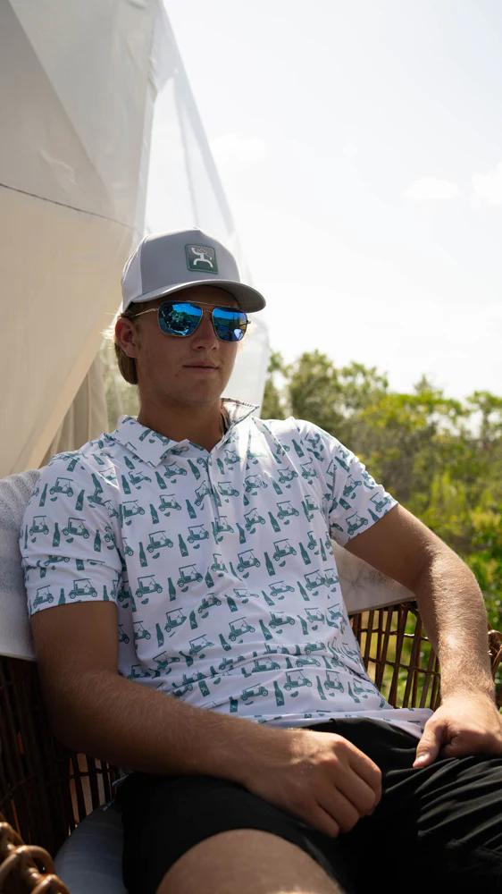 "The Weekender" White w/Turquoise Print Polo - Image 2
