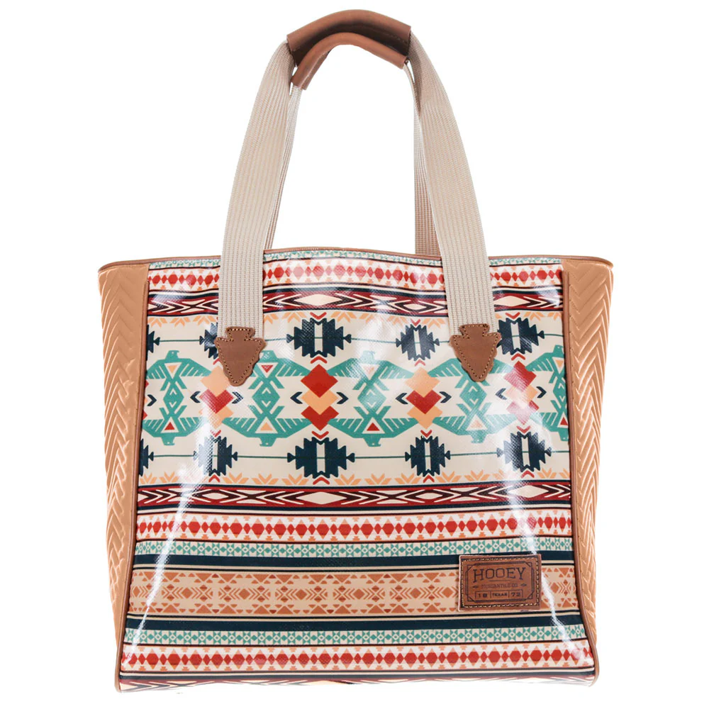 "Thunderbird" Tan/Navy Chevron & Striped Pattern Classic Tote Purse