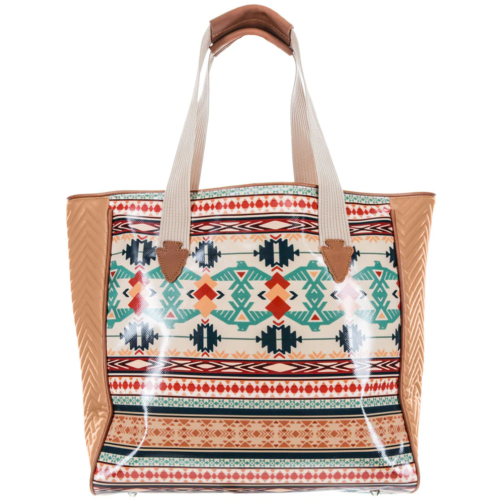 "Thunderbird" Tan/Navy Chevron & Striped Pattern Classic Tote Purse - Image 2