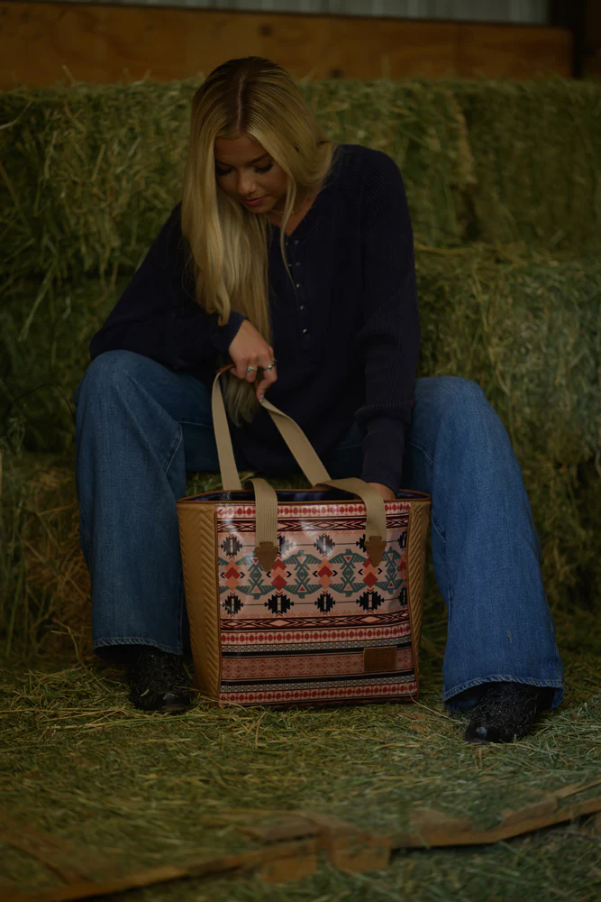 "Thunderbird" Tan/Navy Chevron & Striped Pattern Classic Tote Purse - Image 4