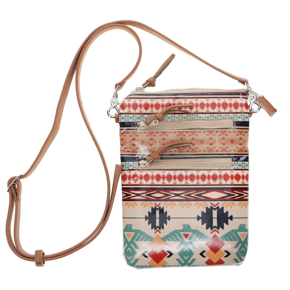 "Thunderbird" Tan/Navy Chevron & Striped Pattern Crossbody Purse - Image 2