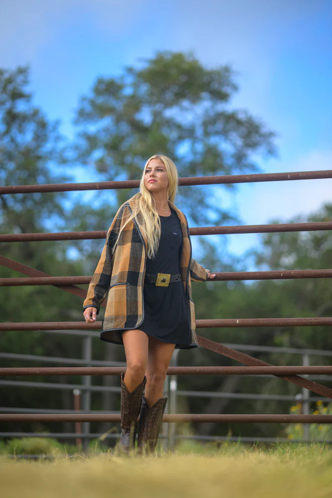 "Tulia" Wrap Jacket Duster Brown & Black Plaid - Image 4