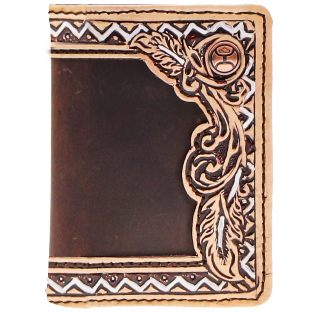 "War Paint" Brown/Tan Hand Tooled Aztec Feather Filigree Bifold Money Clip