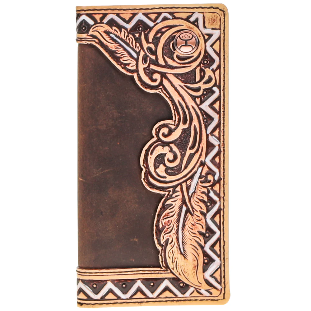 "War Paint" Brown/Tan Hand Tooled Aztec Feather Filigree Rodeo Wallet