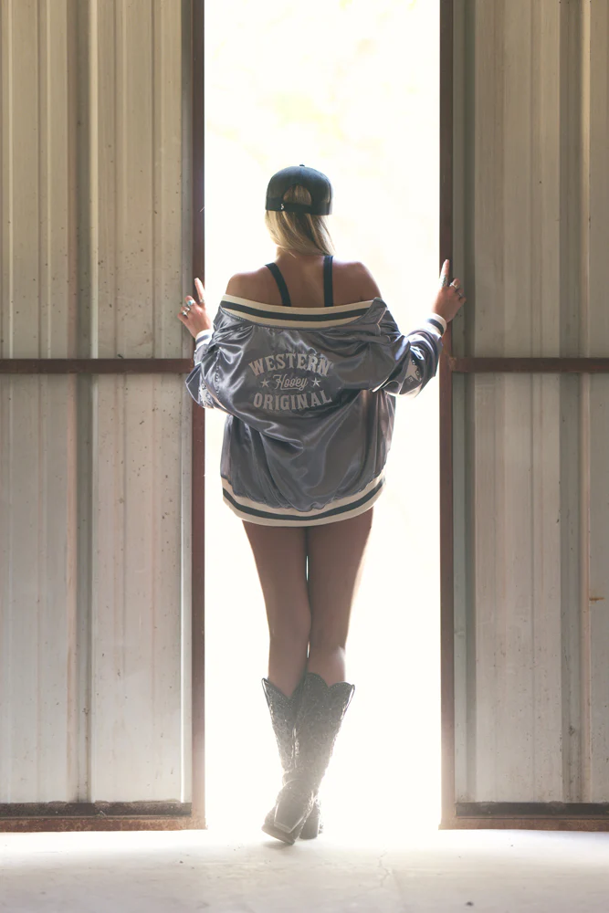 "Big Sky" Grey Metallic w/White Bomber Jacket - Image 3