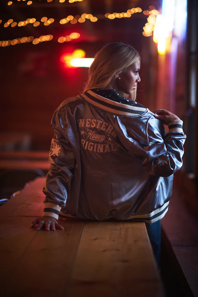 "Big Sky" Grey Metallic w/White Bomber Jacket - Image 4