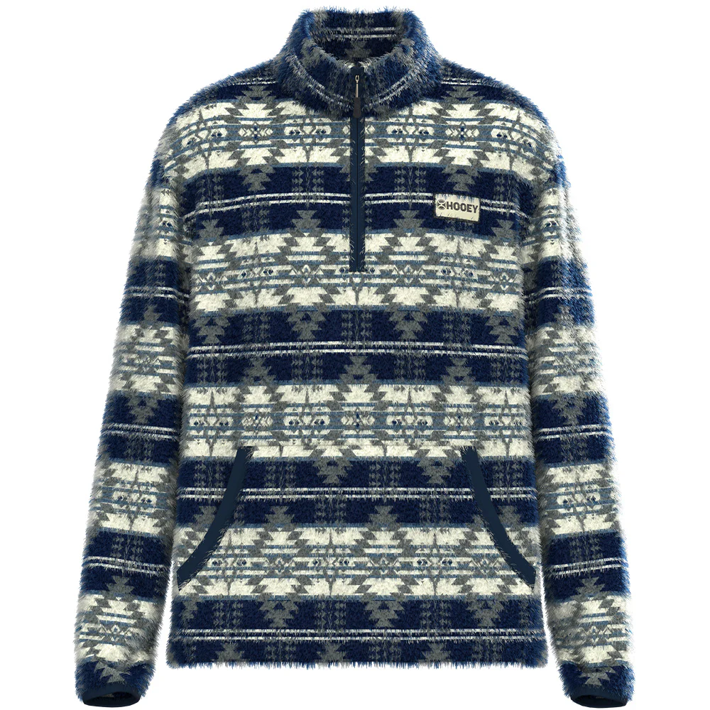 "Bear" Fleece Pullover Navy & Cream w/ Aztec