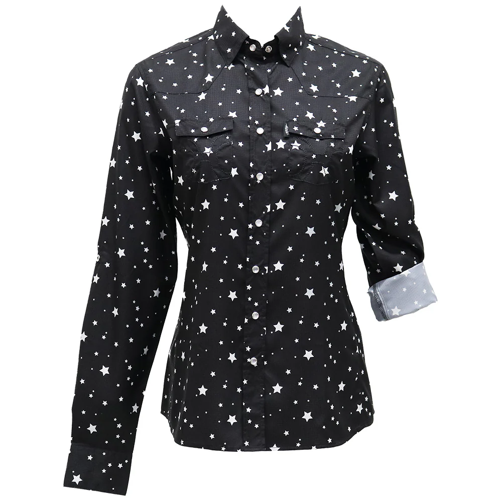 YOUTH "Sol" Girls Black/White Star Pattern Long Sleeve Pearl Snap Shirt