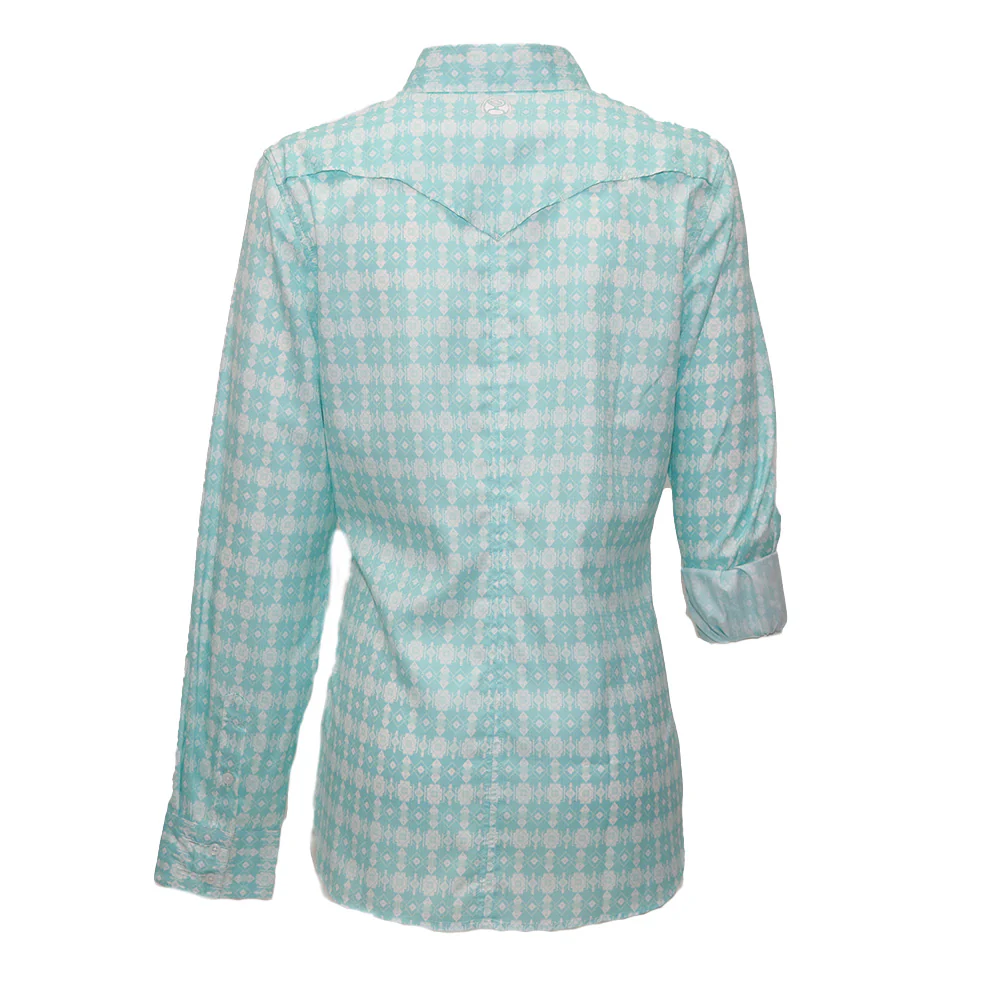 YOUTH "Sol" Girls Turquoise w/White Aztec Long Sleeve Pearl Snap Shirt - Image 2