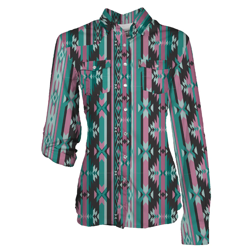 YOUTH "Sol" Long Sleeve Pearl Snap Shirt Black/Teal/Pink Aztec