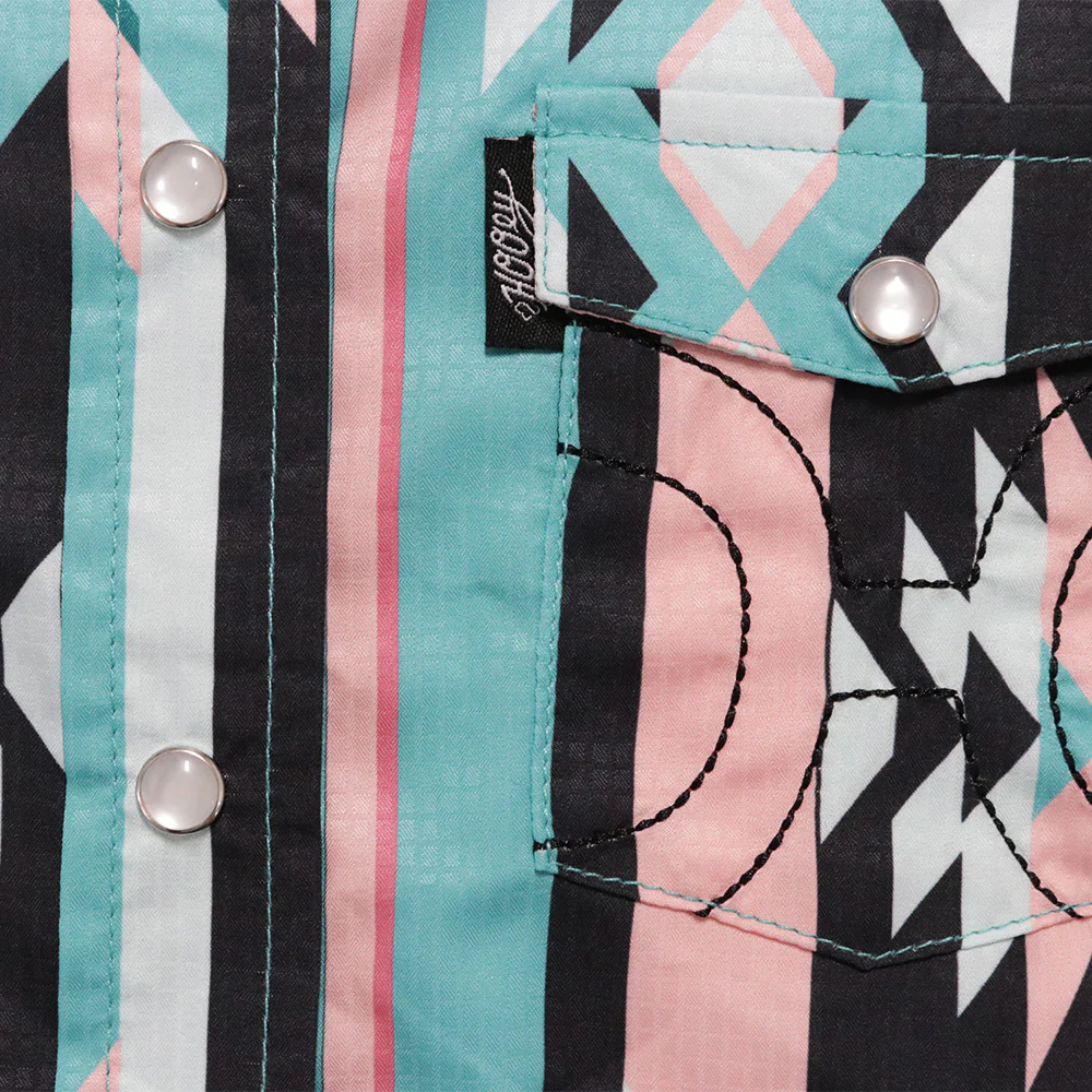 YOUTH "Sol" Long Sleeve Pearl Snap Shirt Black/Teal/Pink Aztec - Image 2