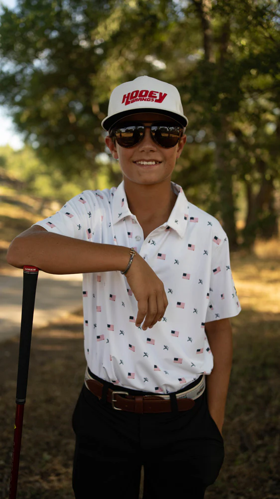 Youth "The Weekender" White w/Flag Pattern Polo - Image 2