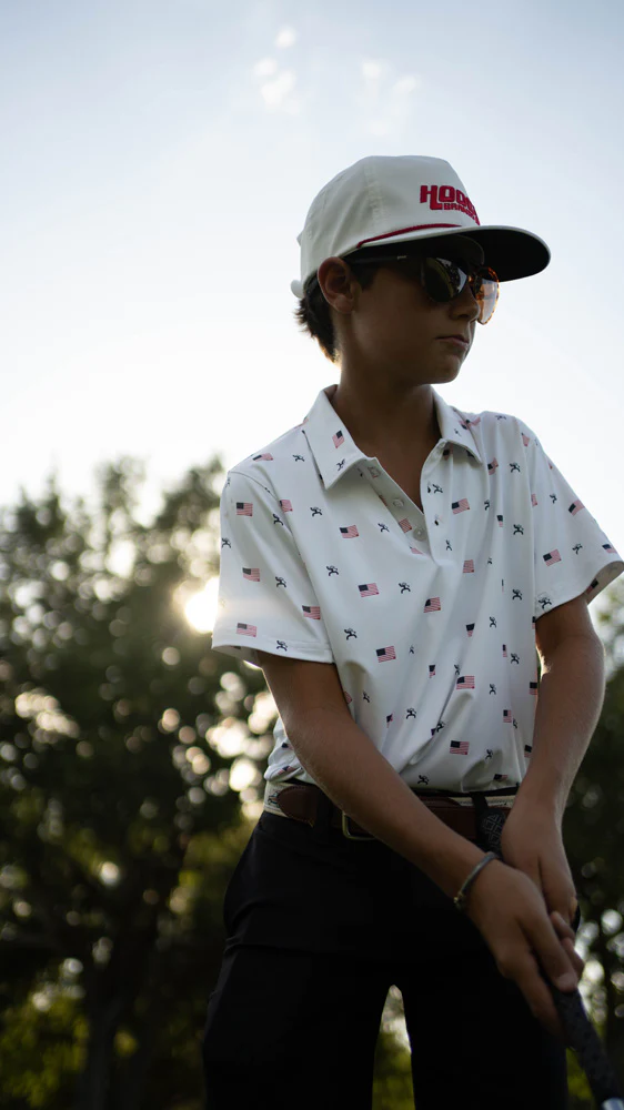 Youth "The Weekender" White w/Flag Pattern Polo - Image 3