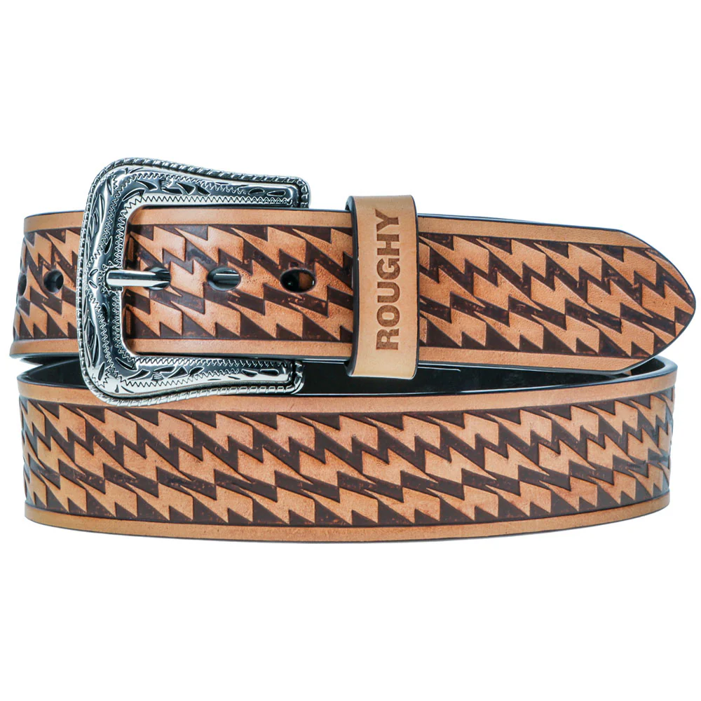 "Zemi" Tan w/ Brown Lightning Bolt Leather Belt