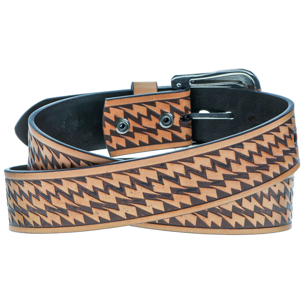 "Zemi" Tan w/ Brown Lightning Bolt Leather Belt - Image 2